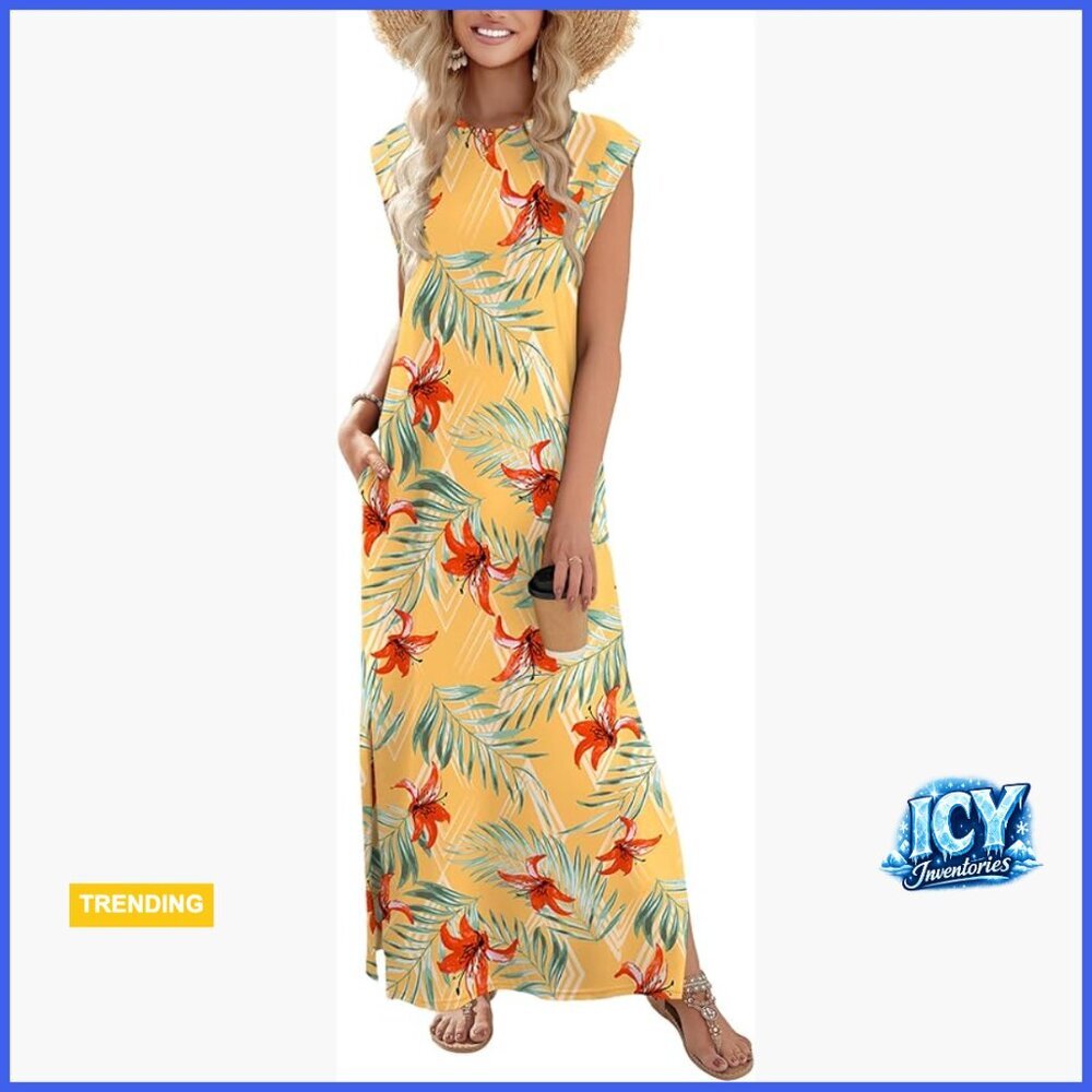 Polyester Blend Maxi Dress with Pockets, Loose Fit for Casual Beach Wear